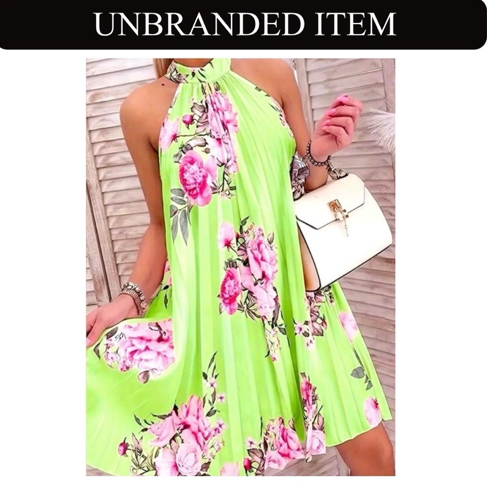 Elegant Lime/Mint and Pink Floral Pleated Dress, NWOT